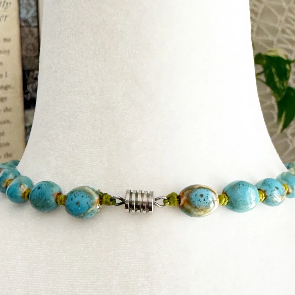 Vintage Artisan Ceramic Bead Statement Necklace Turquoise Speckled 26” Inch - Picture 7 of 15